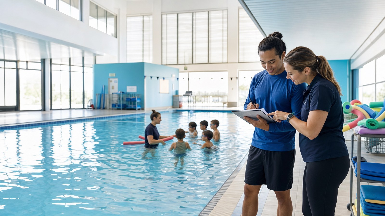Swim school program manager reviewing teaching notes beside a supervised lesson in a bright aquatic centre