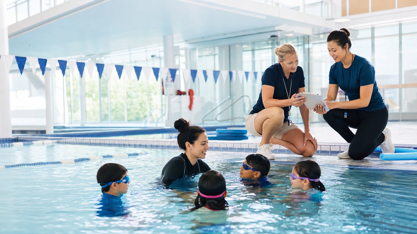 Aquatics director and instructor coordinating a supervised children’s swimming lesson in a modern indoor pool