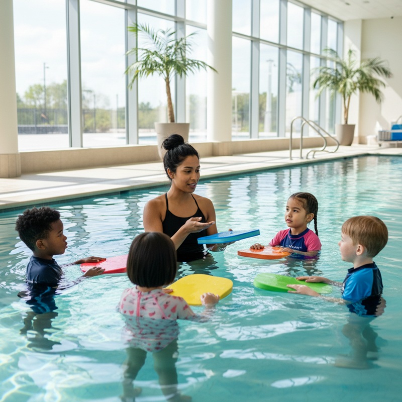Swim instructor managing lessons at a busy pool